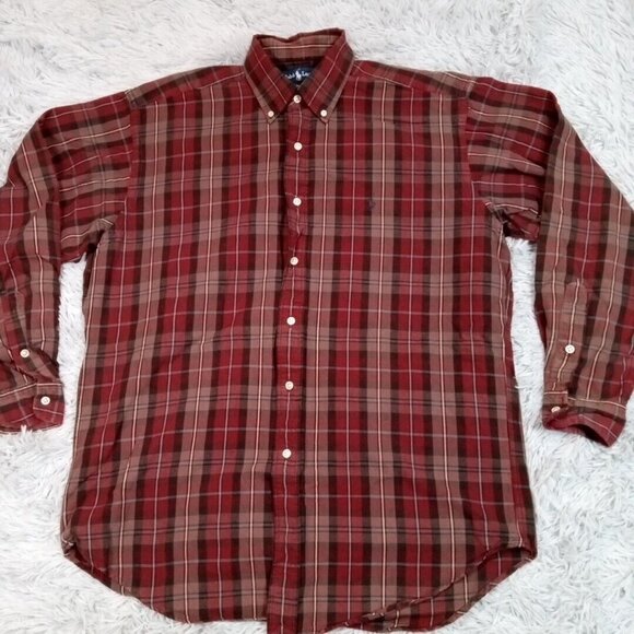 Vintage‎ Ralph Lauren Mens Shirt Red M Blake Button Up Plaid Black Pony - Picture 1 of 10